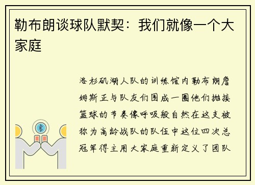 勒布朗谈球队默契：我们就像一个大家庭
